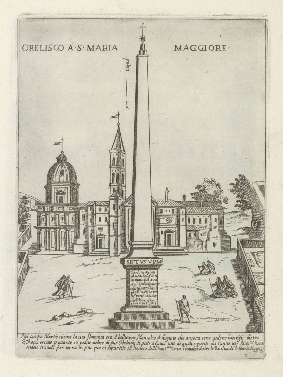Obelisco de Santa Maria Maggiore Obelisco em S. Maria Maggiore (título no objeto) Moderne en antieke monumenten en bouwwerken in Rome (título da série) Ornamentos de edifícios antigos e modernos da cidade alma de Roma (título da série) de Giovanni Maggi