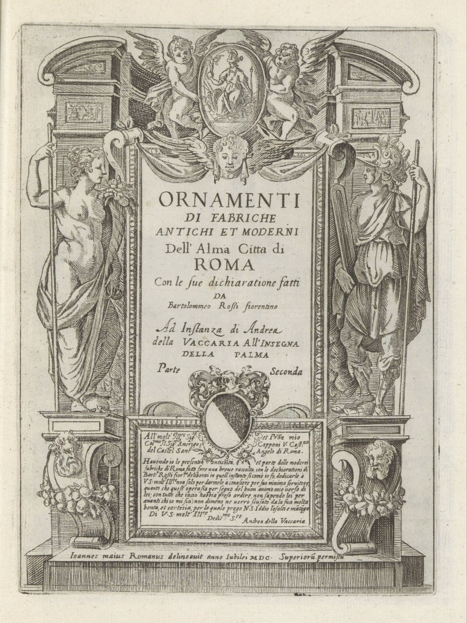 Impressão do título com figuras alegóricas e putti
Monumentos e estruturas modernas e antigas em Roma (título da série)
Ornamenti di fabriche antichi et moderni dell