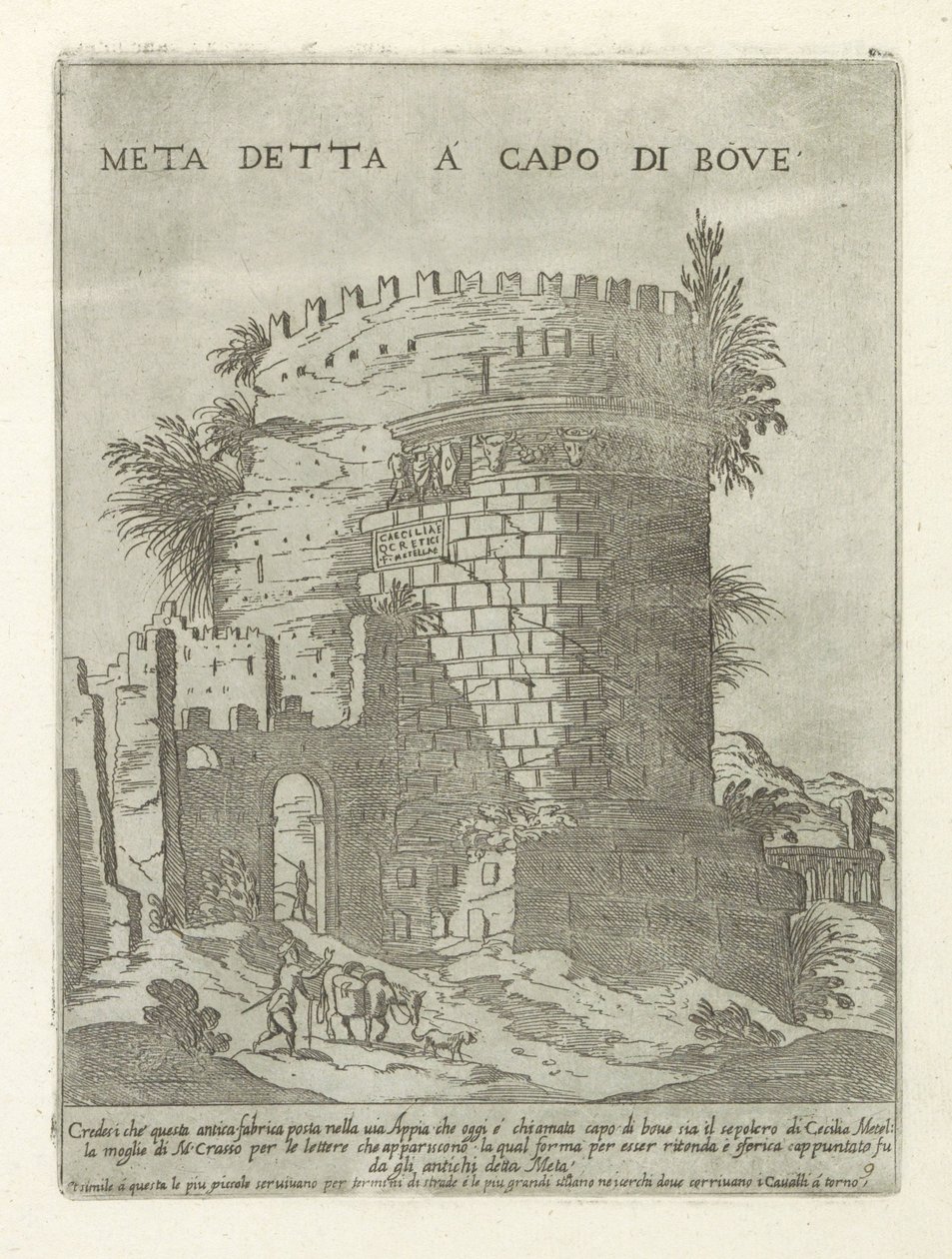 Tombe van Caecilia Metella em Roma Meta disse na cabeça do boi (título no objeto) Moderne en antieke monumenten en bouwwerken in Rome (título da série) Ornamentos de edifícios antigos e modernos da cidade alma de Roma (título da série) de Giovanni Maggi
