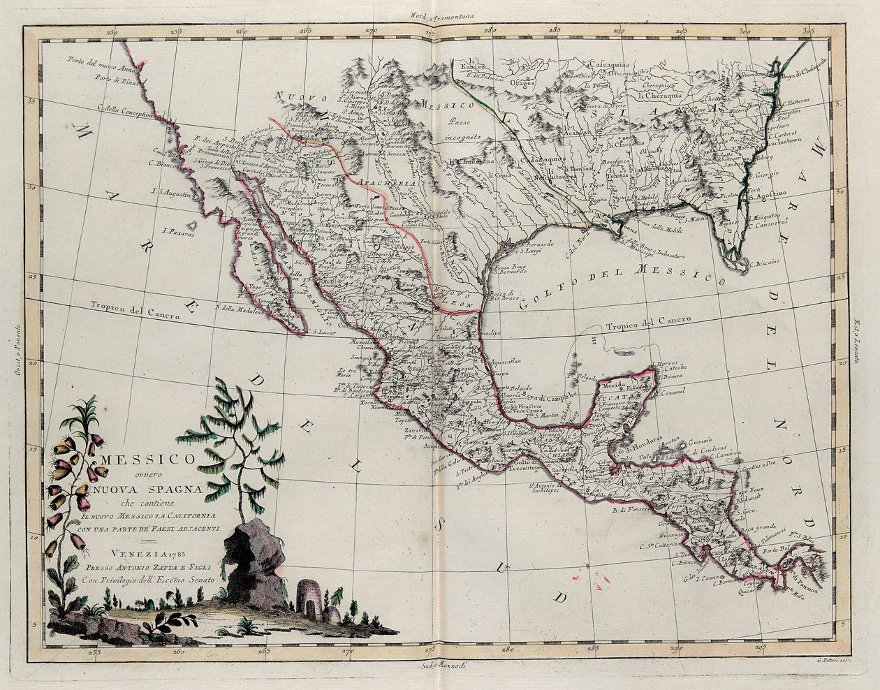México ou Nova Espanha contendo Novo México, Califórnia, com uma porção de países adjacentes, de Tomo IV do Novo Atlas, gravada por G. Zuliani, 1785 de Giovanni Marco Pitteri