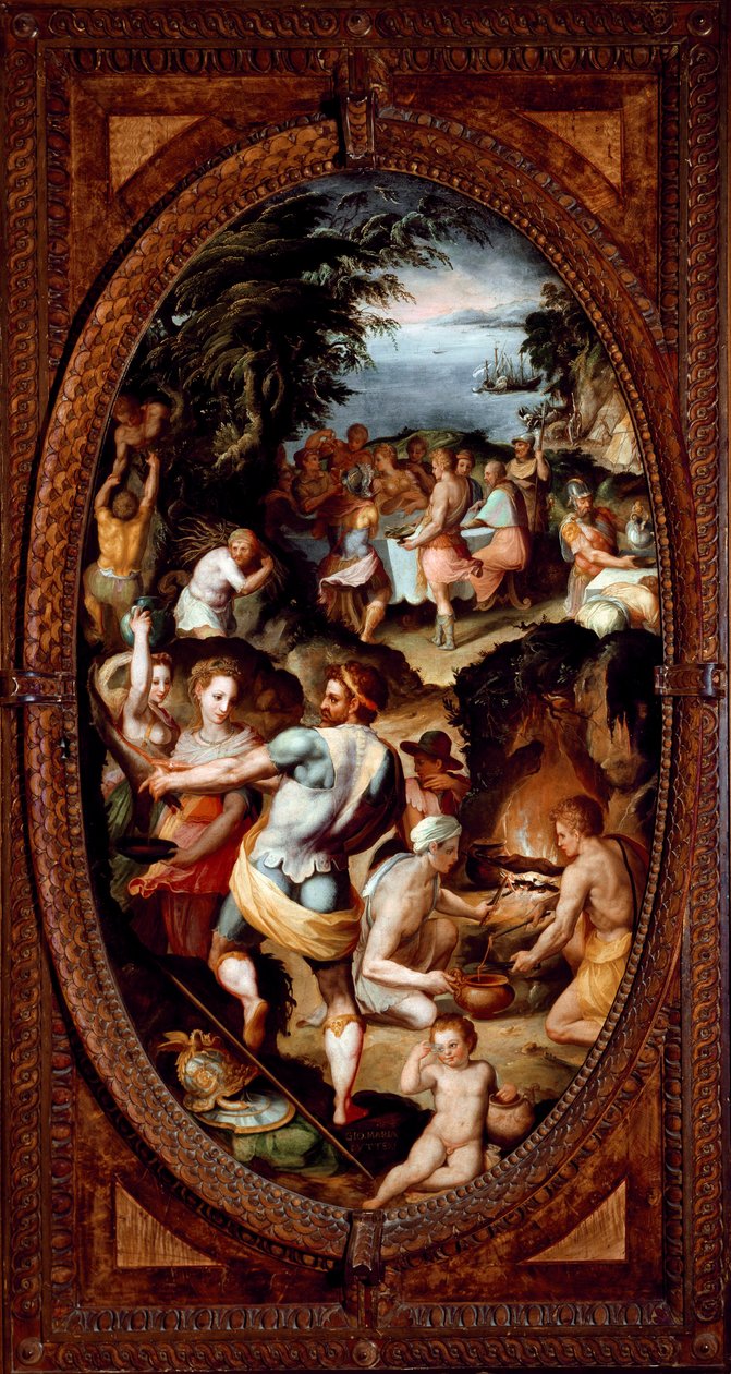 A descoberta do vidro. A preparação de um banquete. (Pintura de Giovanni Maria Butteri