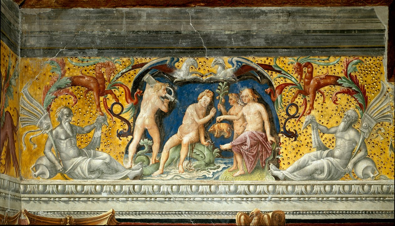 É oferecido a uma divindade marinha um pequeno javali Detalhe de um friso atribuído a Giovanni Maria Falconetto (1468-1534) 1520 ao redor de Mântua, Palazzo d