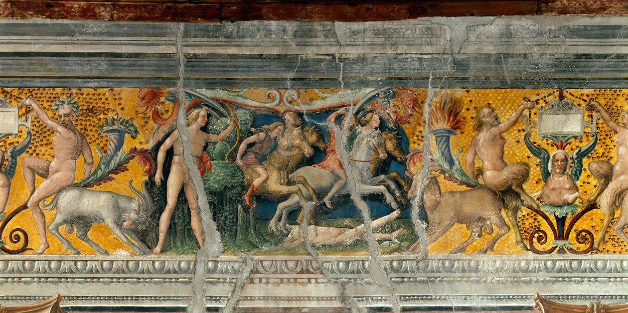 Apolo matando com flechas os Niobides, filho de Niobe Detalhe de um friso atribuído a Giovanni Maria Falconetto (1468-1534) 1520 ao redor de Mântua, Palazzo d