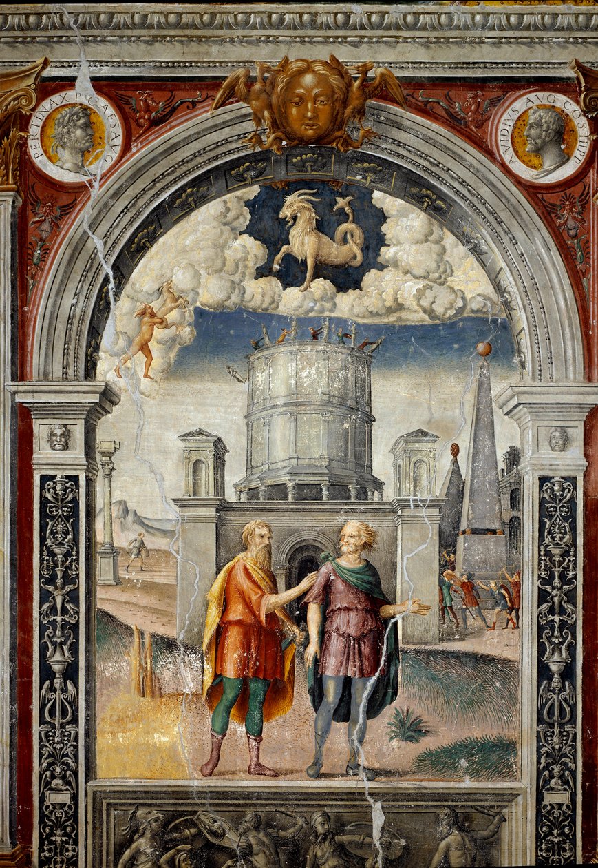 Signo do Zodíaco: "O Capricórnio" Nos medalhões superiores com retratos do Imperador Publius Helvius Pertinax e do General Romano Aidius Cassius. Em baixo, legenda associada ao nascimento da constelação correspondente ao signo: o deus Júpiter e Pan i de Giovanni Maria Falconetto