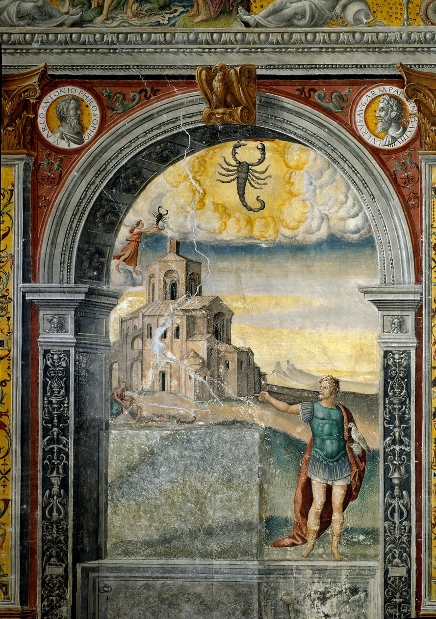 Signo do Zodíaco: "O Escorpião" Nos medalhões superiores com retratos dos imperadores Marc Aurele e Lucius Verus. Em baixo, legenda associada ao nascimento da constelação correspondente ao signo: um guerreiro com um falcão, olha para uma mulher mordida por de Giovanni Maria Falconetto