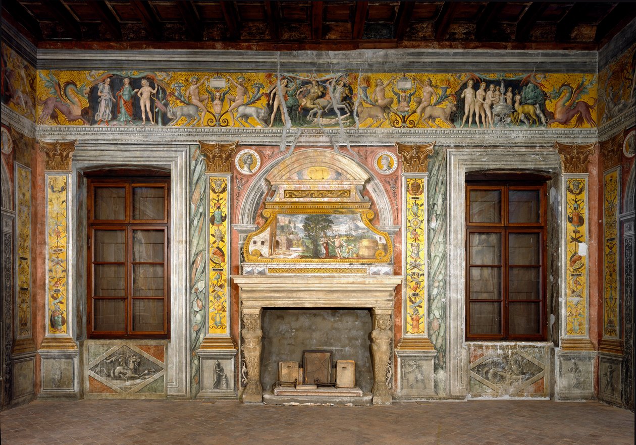 Signo do Zodíaco: "O equilíbrio" No topo dos medalhões com retratos dos imperadores Adriano e Antonino, o piedoso. O fresco se deteriorou. Fresco atribuído a Giovanni Maria Falconetto (1468-1534) 1520 ao redor de Mântua, Palazzo d