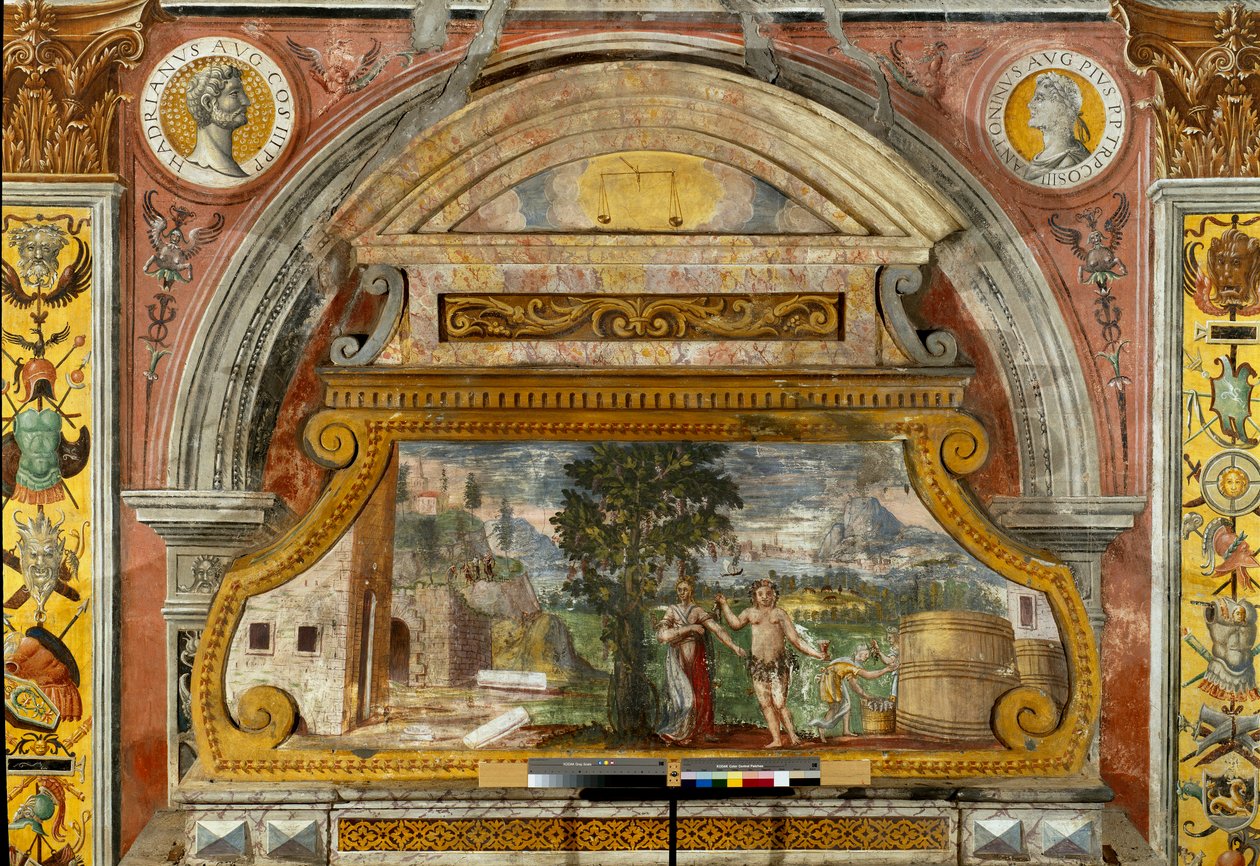 Signo do Zodíaco: "O equilíbrio" No topo dos medalhões com retratos dos imperadores Adriano e Antonino, o piedoso. O afresco original se deteriorou. Cena retratando a divindade Baco. Afresco atribuído a Giovanni Maria Falconetto (1468-1534) 1520 aroun de Giovanni Maria Falconetto