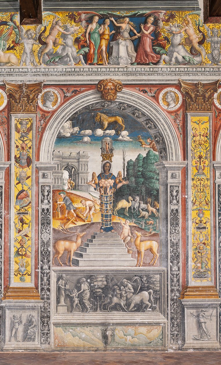 O signo astrológico de Leão com Diana, dois veados e um sátiro como em um sarcófago no Palácio de Bleinhaim; ao fundo o Arco degli Argentari em Roma e Hércules lutando contra o leão da Nemeia, Câmara do Zodíaco (Camera dello Zodiaco) de Giovanni Maria Falconetto