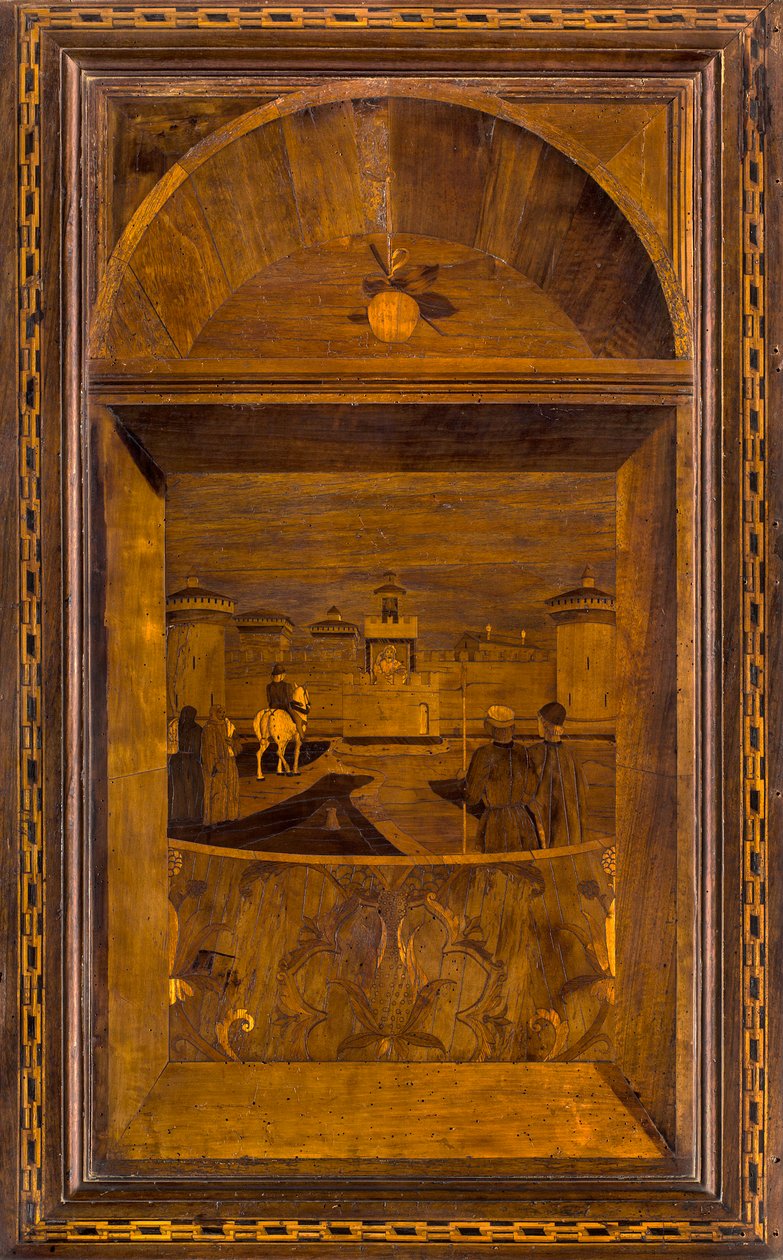 Coro Canônico Lignaino, Inlaid de Giovanni Maria Platina 1484, Superior Stallo, Vista do Castelo Sforzesco de Milão de Giovanni Maria Platina