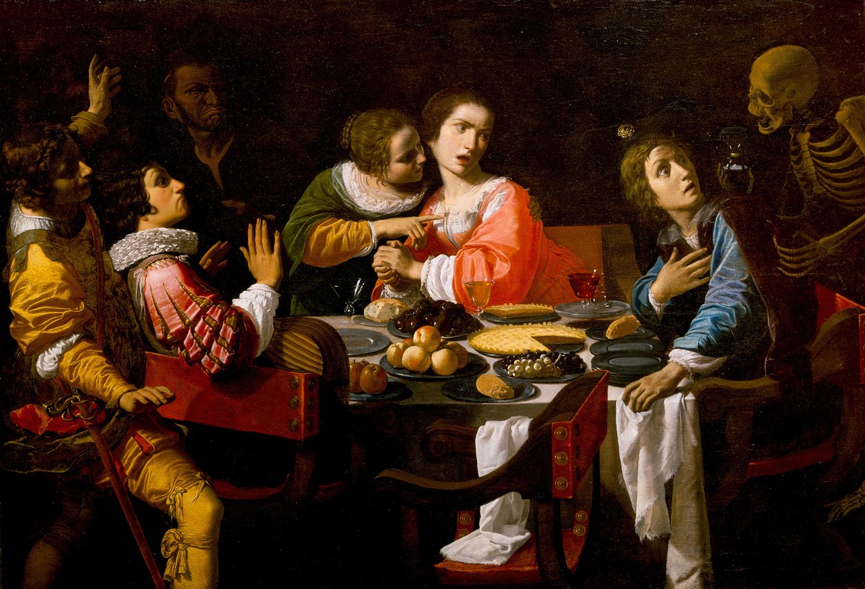 A morte chega à mesa do banquete Memento Mori, c. 1635 de Giovanni Martinelli