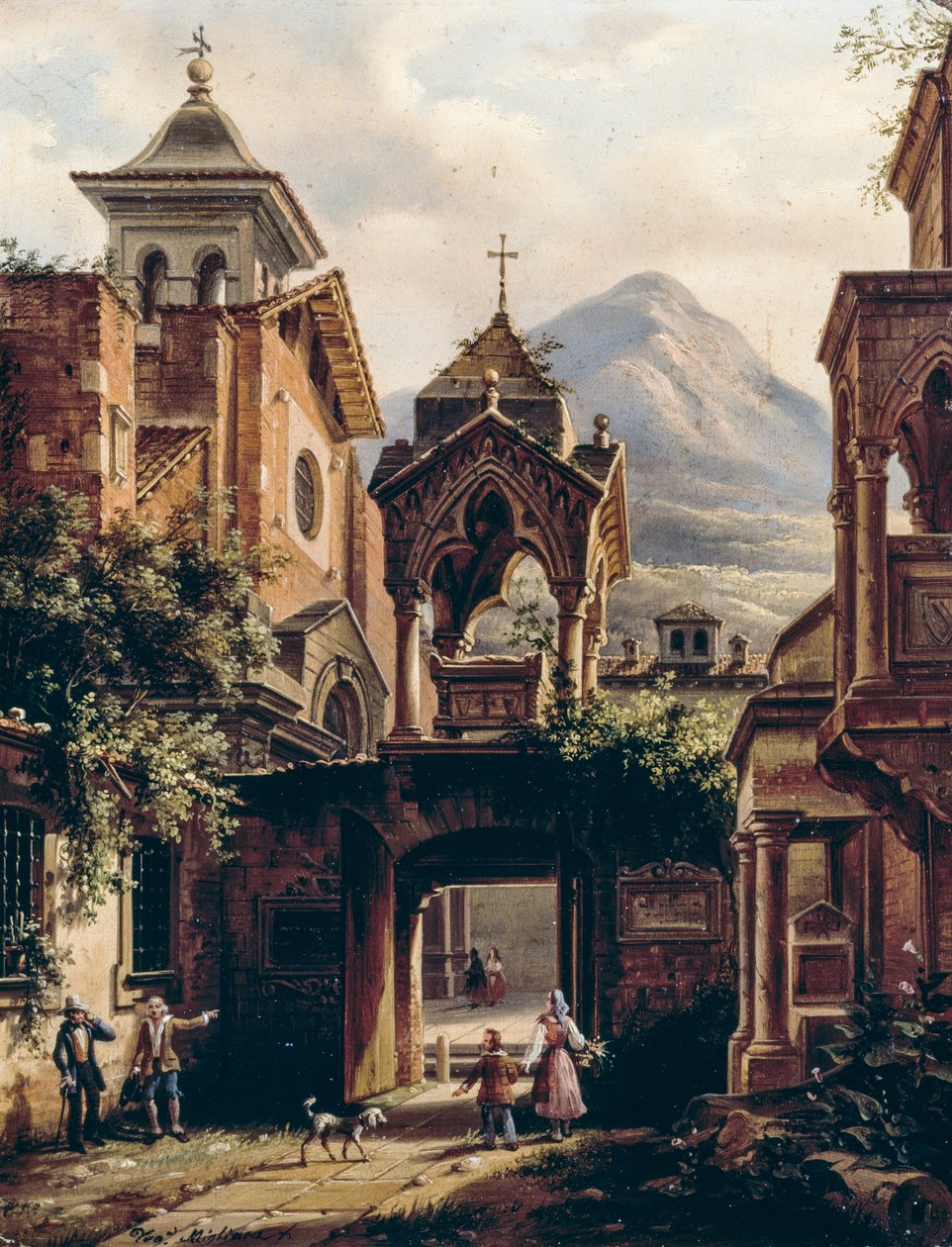 Exterior da antiga abadia com pessoas, por Giovanni Migliara (1785-1837) (assinado Teodolinda Migliara), óleo a bordo de Giovanni Migliara