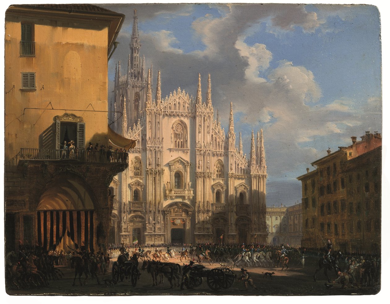 Vista da Piazza Duomo com o coperto dei Figini e o isolato del Rebecchino, Milão (óleo sobre painel) de Giovanni Migliara
