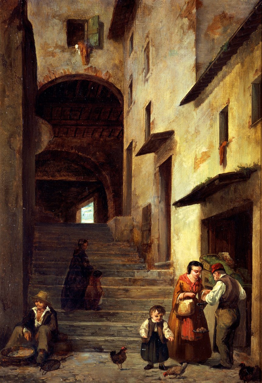 Vista de uma rua em Sestri Levante, Riviera de Génova, ca. 1863, de Giovanni Mochi (1829-1893), óleo sobre tela, 40x30 cm. de Giovanni Mochi