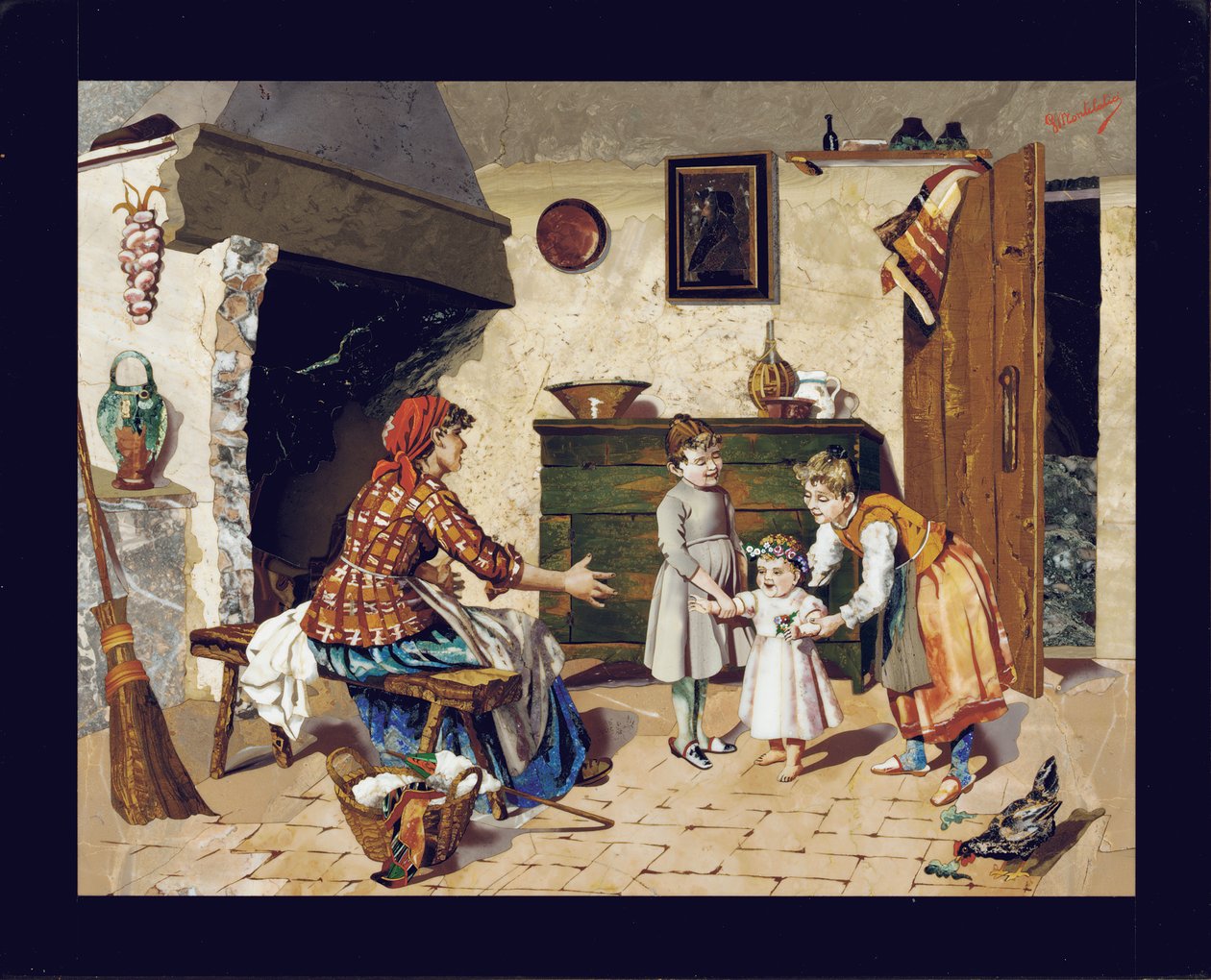Placa pictórica que descreve a cena do interior de uma casa de campo com a mãe, duas meninas e um bebê dando seus primeiros passos, Florença, c.1900-10 (pietra dura) de Giovanni Montelatici