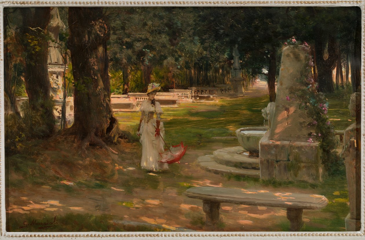 A Walk in Villa Borghese (óleo no painel) de Giovanni Muzzioli