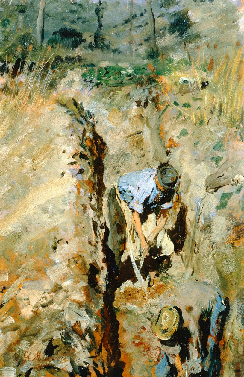 Escavadoras por Giovanni Muzzioli (1854-1894), óleo sobre painel, 30x19 cm de Giovanni Muzzioli