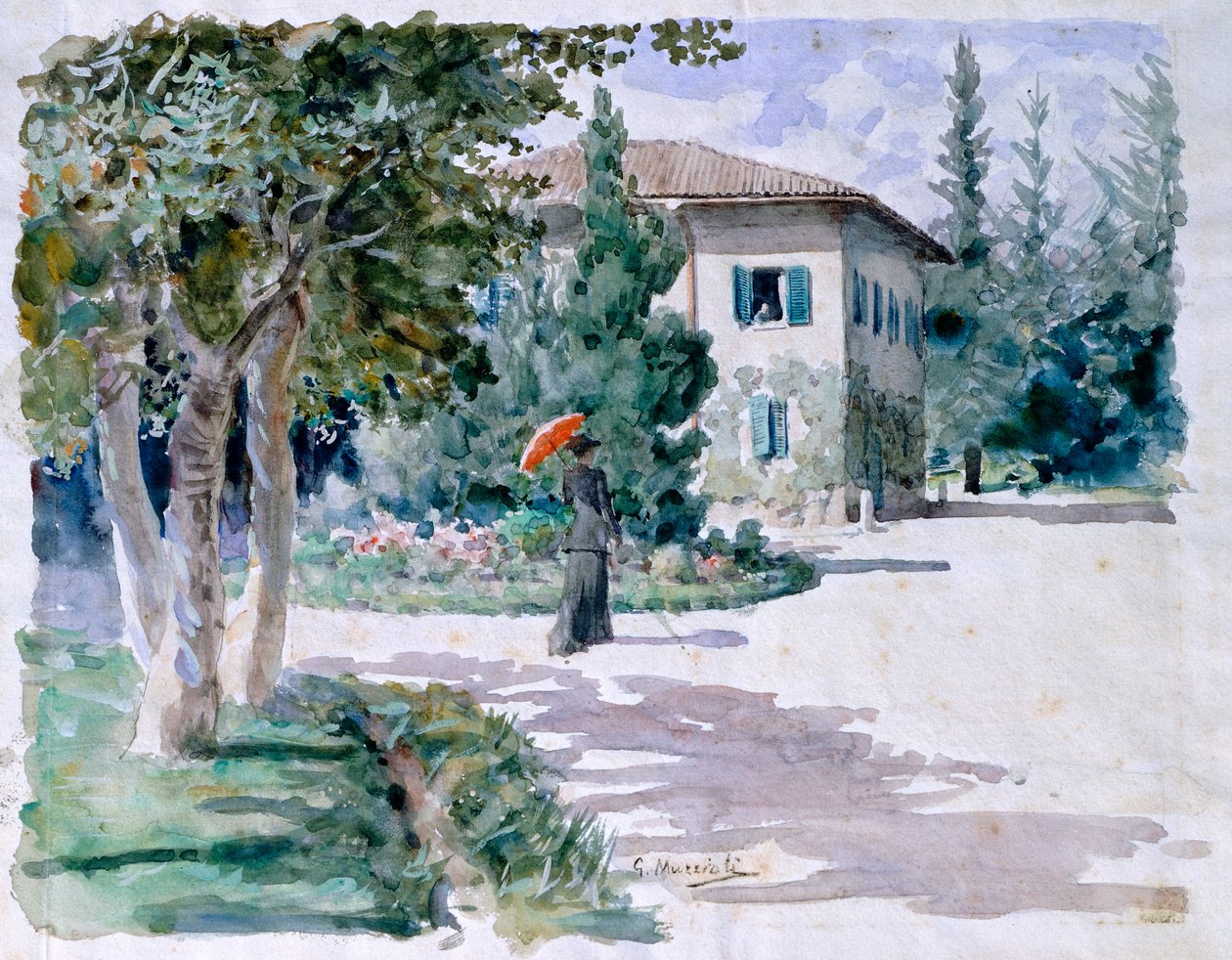 Guarda-chuva vermelho de Giovanni Muzzioli (1854-1894), aguarela sobre papel leve, 305x392 mm de Giovanni Muzzioli