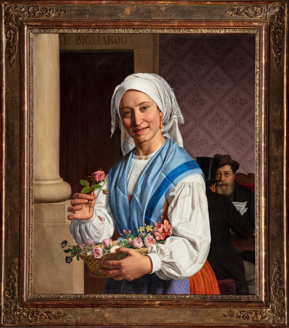 Rapariga com um cesto, no interior da sala de bilhar (óleo sobre tela) de Giovanni Pagliarini