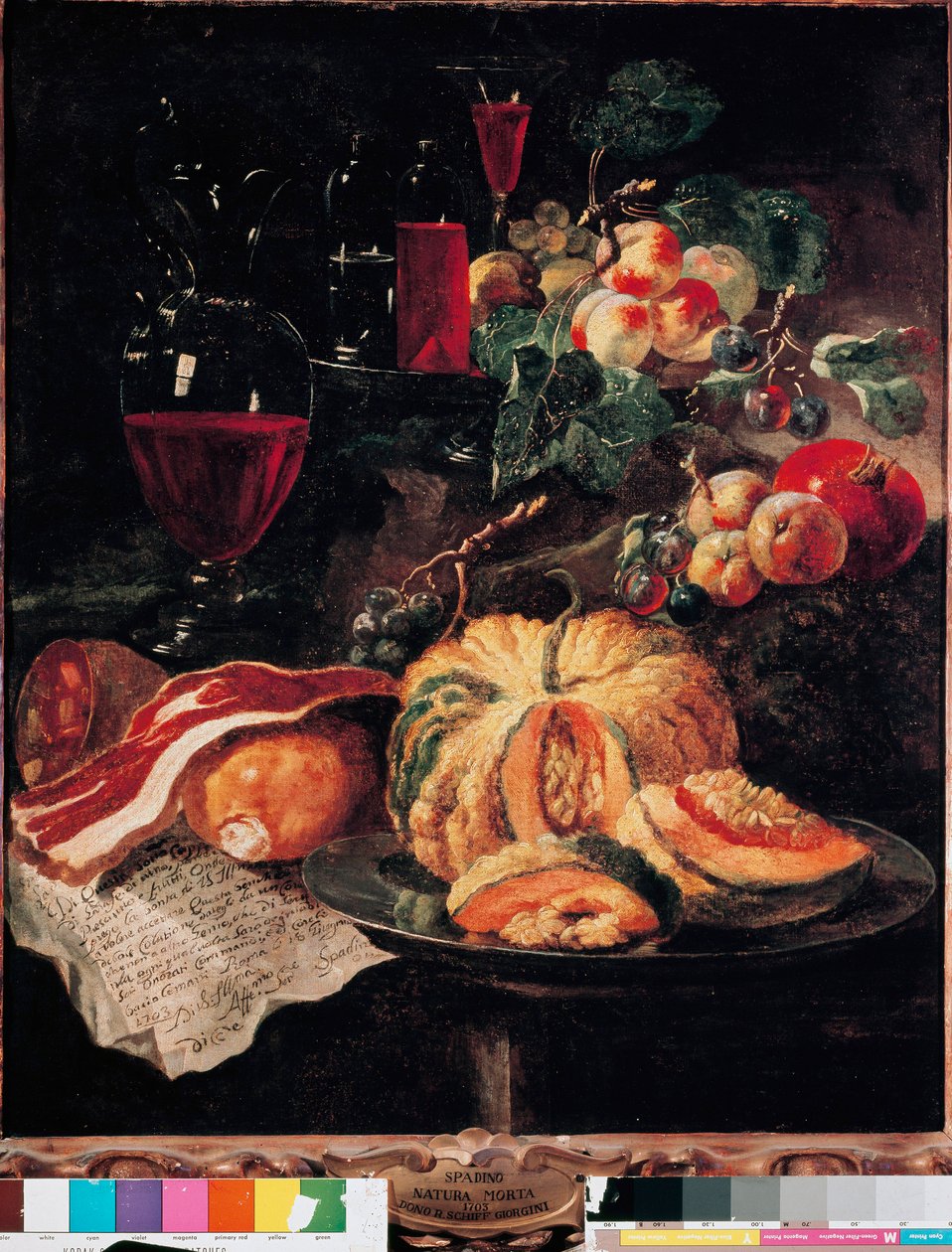 Ainda vida Abóbora, bacon, presunto, pêssegos e vinho. Pintura de Giovan Paolo Castelli dit Lo Spadino (1659-1730) 1703 Roma, Museu do Conservatori capitolini de Giovanni Paolo Castelli