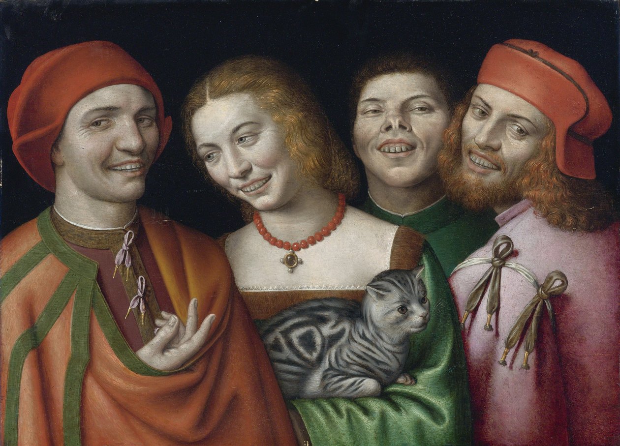 "Três homens com uma mulher segurando um gato" Pintura de Giovanni Paolo Lomazzo (1538-1600) Coleção particular de Giovanni Paolo Lomazzo