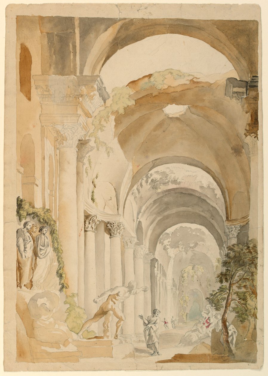 Desenho, Ruínas Romanas com Figuras, ca. 1745 de Giovanni Paolo Panini