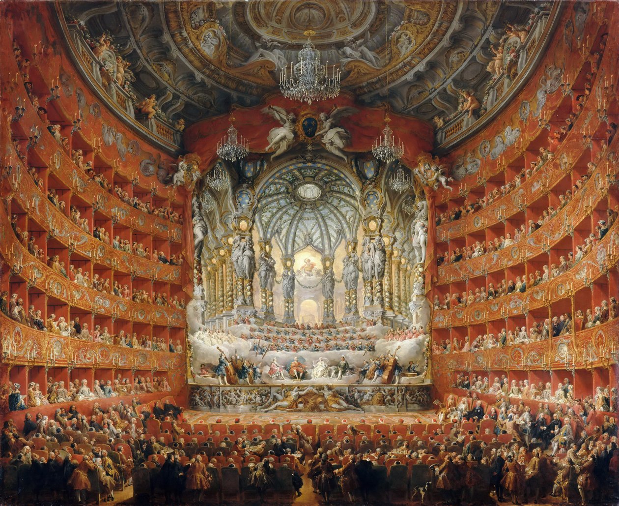 Festa musical do cardeal de La Rochefoucauld no Teatro Argentina em Roma em 1747 de Giovanni Paolo Pannini