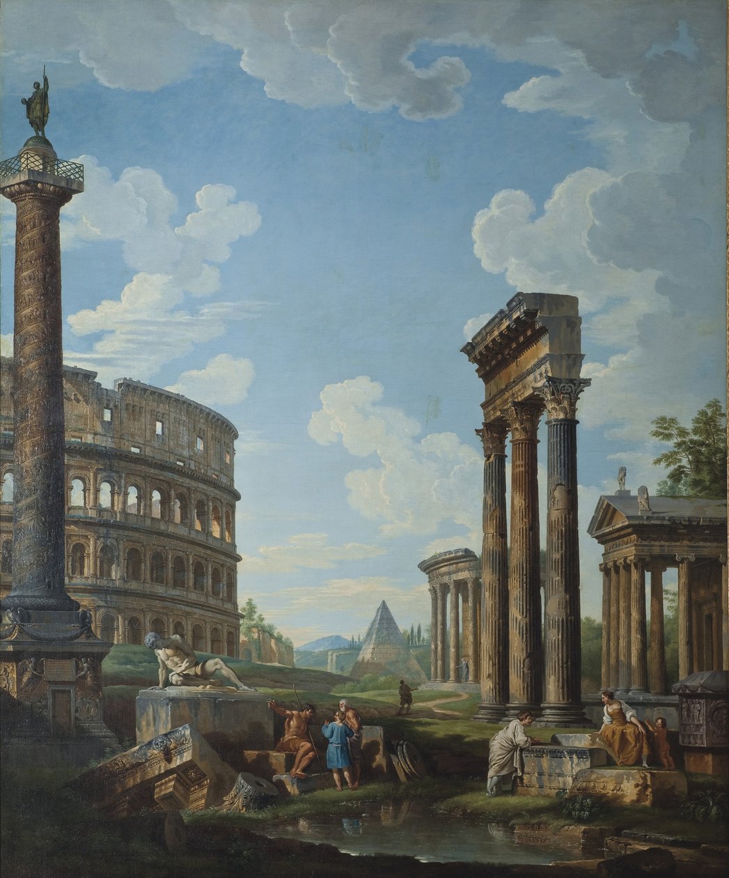 Um capricho com figuras entre as ruínas romanas, incluindo o Arco de Constantino e o Panteão de Giovanni Paolo Pannini