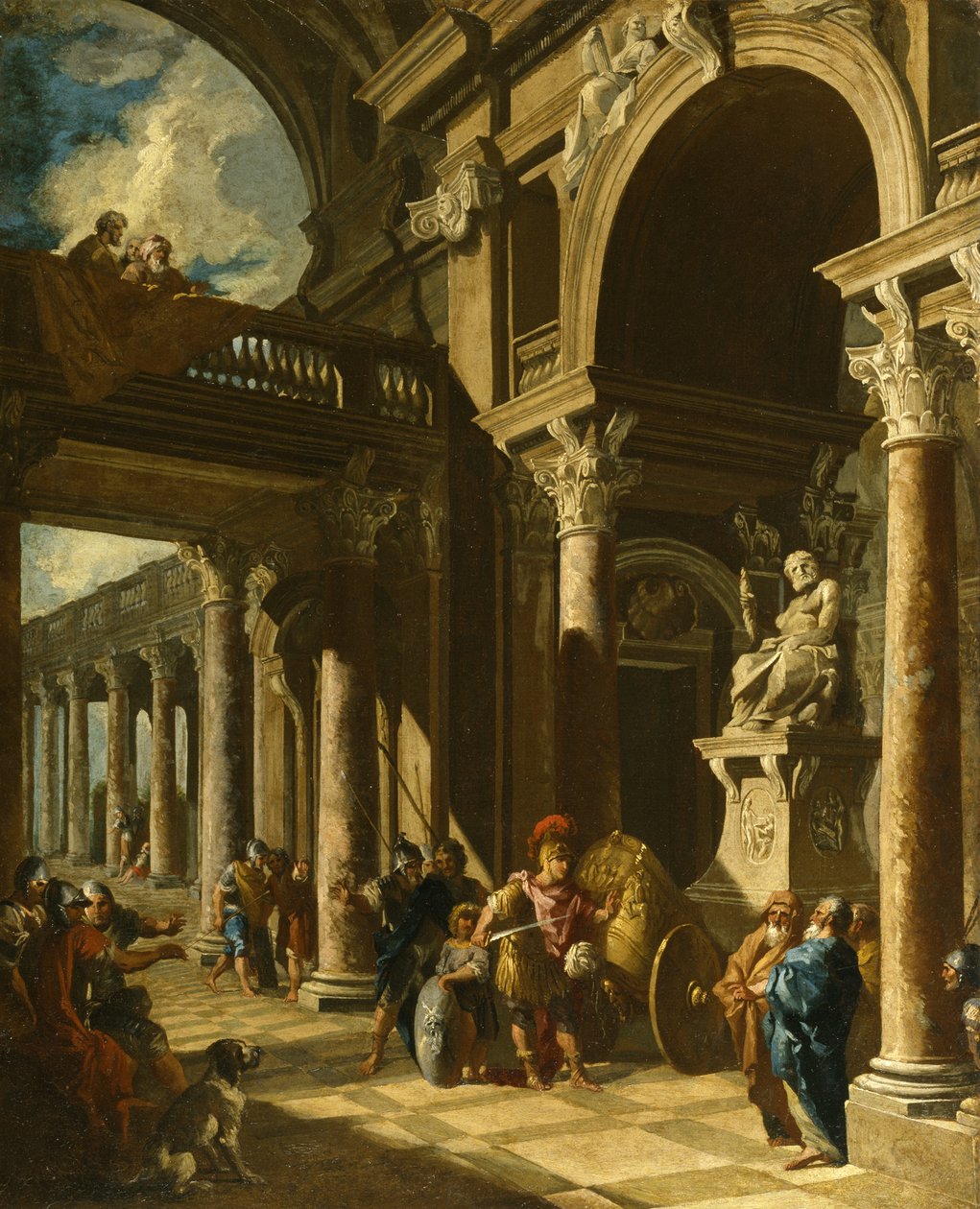 Alexandre, o Grande, cortando o nó górdio, ca. 1718-1719 de Giovanni Paolo Pannini