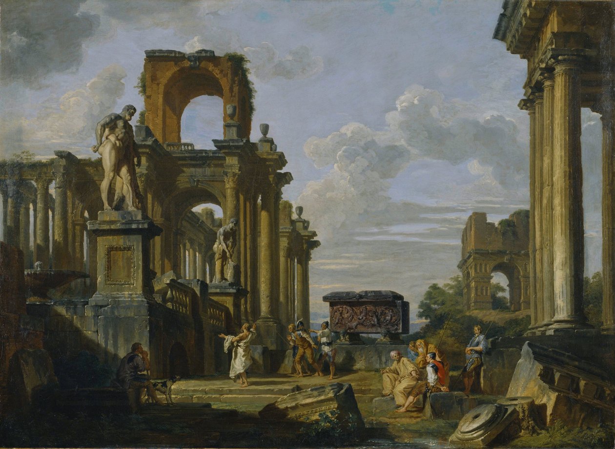 Capricho arquitetônico do Fórum Romano com filósofos e soldados entre ruínas antigas de Giovanni Paolo Pannini