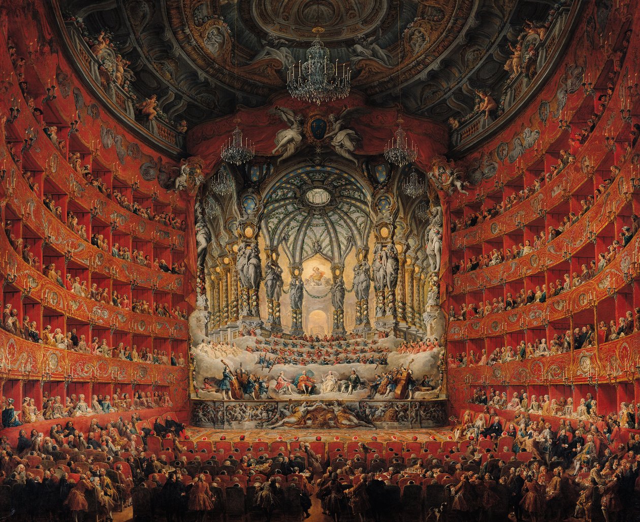 Concerto do Cardeal de La Rochefoucauld no Teatro da Argentina em Roma, sobre o casamento de Louis the Dauphin (1729-1765), filho de Luís XV, com Marie-Josephe da Saxônia (1731-1767), 1747 (óleo sobre canva) de Giovanni Paolo Pannini