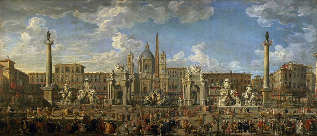 Preparação para a exibição de fogos de artifício realizada na Piazza Navona, Roma, para celebrar o nascimento do Dauphin, 1729 de Giovanni Paolo Pannini