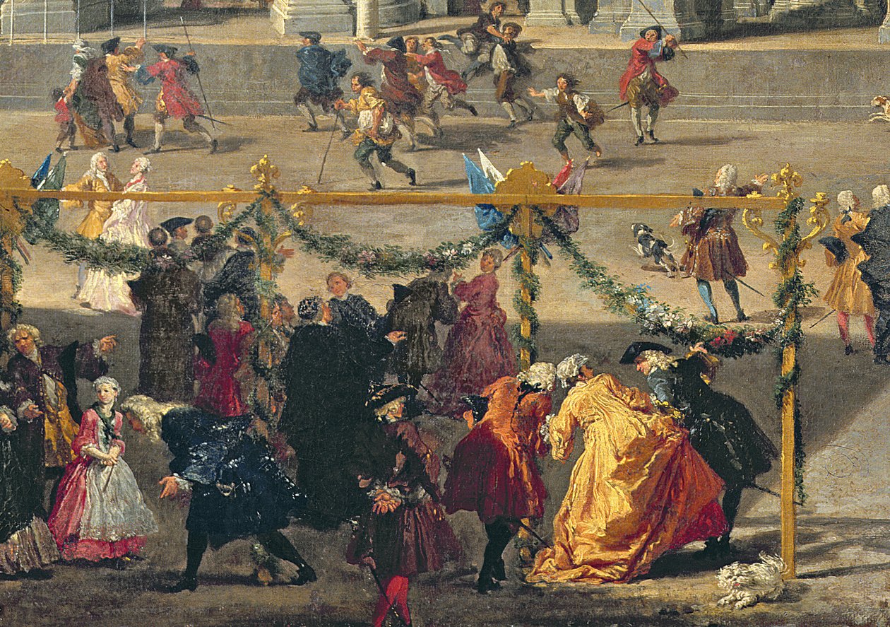 Preparação para a exibição de fogos de artifício realizada na Piazza Navona, Roma, para celebrar o nascimento do Dauphin, 1729 (detalhe de 91023) de Giovanni Paolo Pannini
