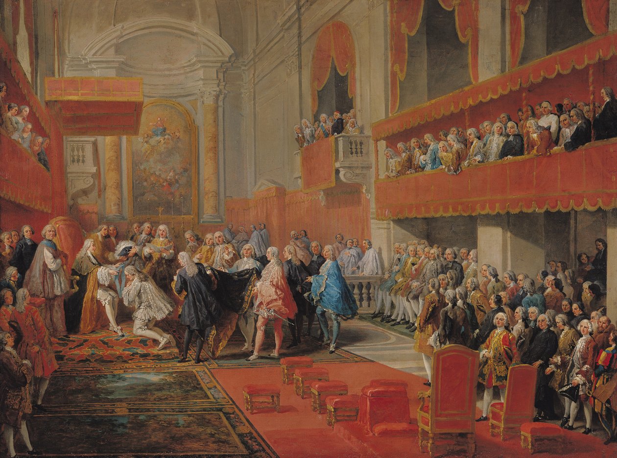 Apresentação da Ordem do Espírito Santo ao Príncipe Vaini por Paul-Hippolyte de Beauvillers (1684-1776) Duque de Saint-Aignan em 1732, c.1752 de Giovanni Paolo Pannini