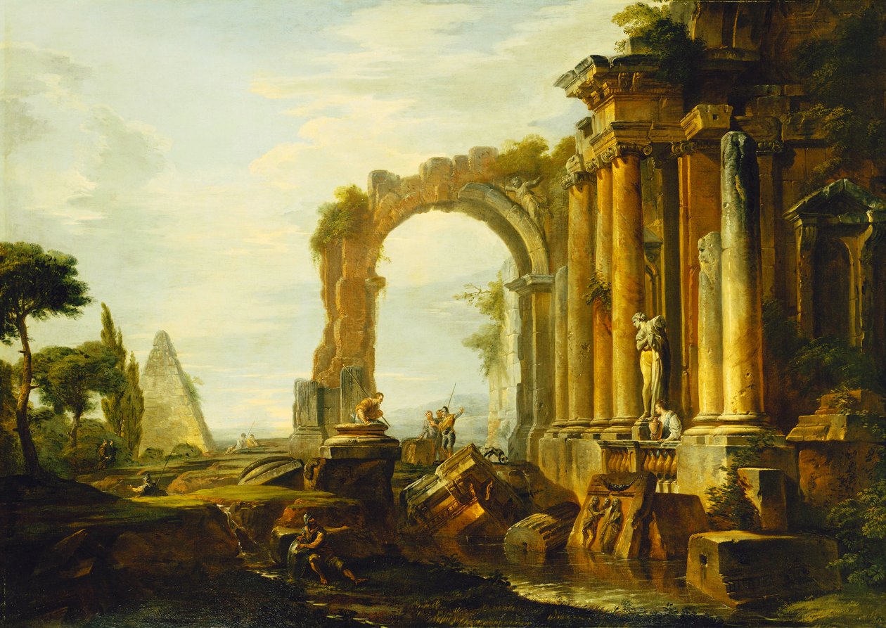 Um capricho de ruínas clássicas com a pirâmide de Cestius e figuras em uma paisagem, de Giovanni Paolo Pannini