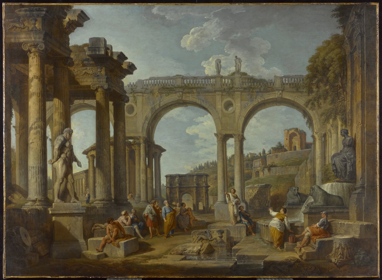 Um Capriccio de Ruínas Romanas com o Arco de Constantino, c.1755 de Giovanni Paolo Pannini