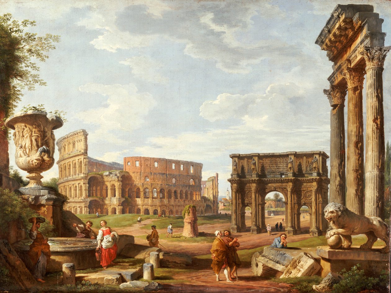 Uma visão caprichada de Roma, 1743 de Giovanni Paolo Pannini