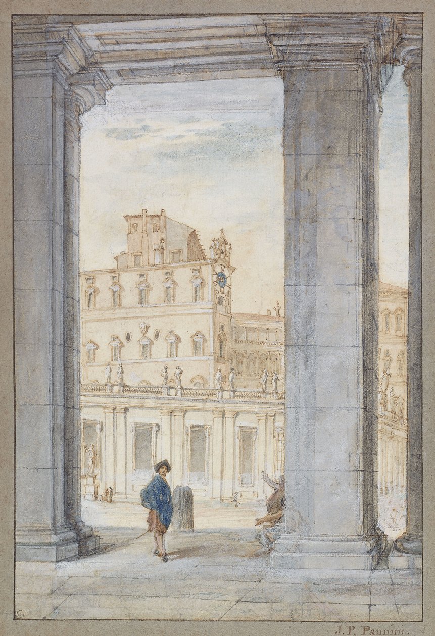 Uma vista da Praça de São Pedro, embaixo das colunas de Bernini, a Capela Sistina e o Palácio Papal além; Uma vista da Place Saint Pierre de baixo das Colunatas de Bernini, da Capela Sistina e do Palácio Pontifício além, de Giovanni Paolo Pannini
