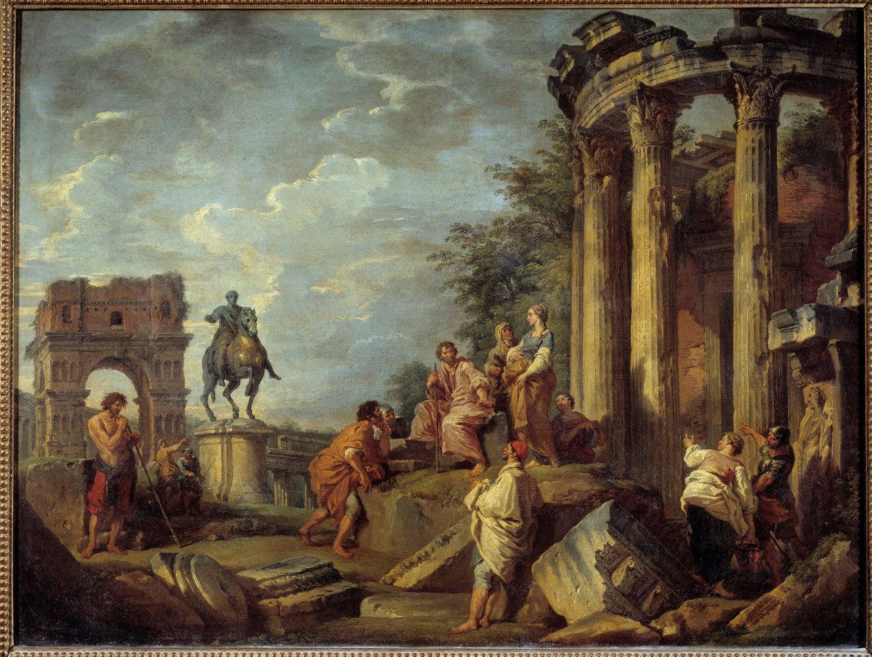 Ruínas arquitetônicas com o arco de Jano, o templo de Vesta e a estátua de Marc Aurele (Marco Aurelio) Pintura de Giovanni Paolo Pannini (Panini) (1691-1765) Sol do século XVIII. 0,79x0,87 m de Giovanni Paolo Pannini
