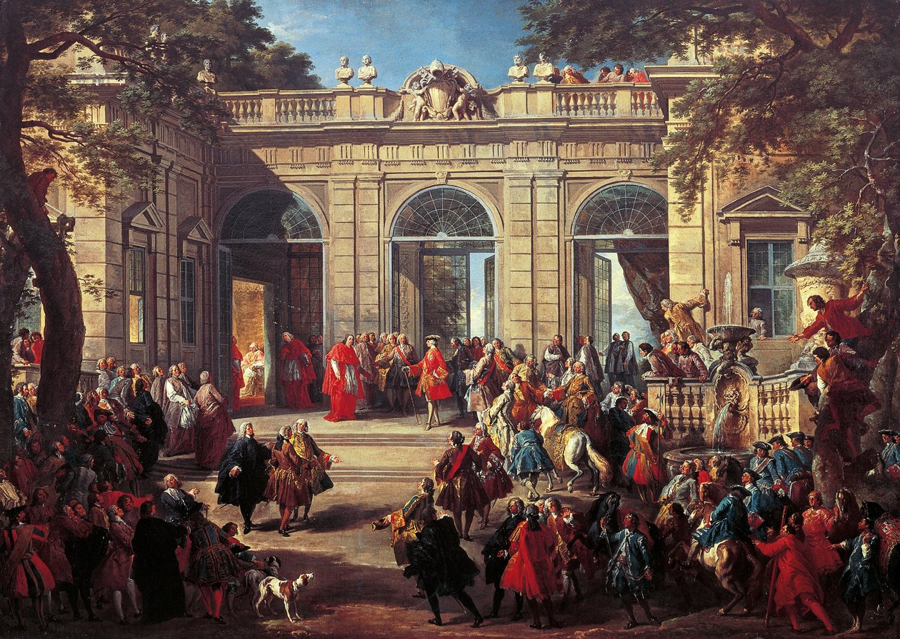 Carlos III de Bourbon em visita ao Papa Bento XIV na Casa do Café do Quirinal de Giovanni Paolo Pannini