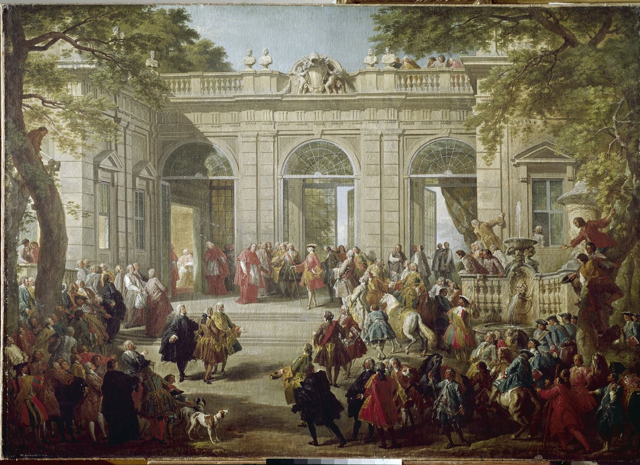Carlos III de Espanha ou Carlos de Bourbon, Rei de Nápoles (Carlo Borbone) (1716-1788) visita o Papa Bento XIV na Casa do Café do Palácio do Quirinale (Quirinal) Pintura de Giovanni Paolo Pannini (1691-1765) 1746 Nápoles, Museo Nazionale Di Capodi de Giovanni Paolo Pannini