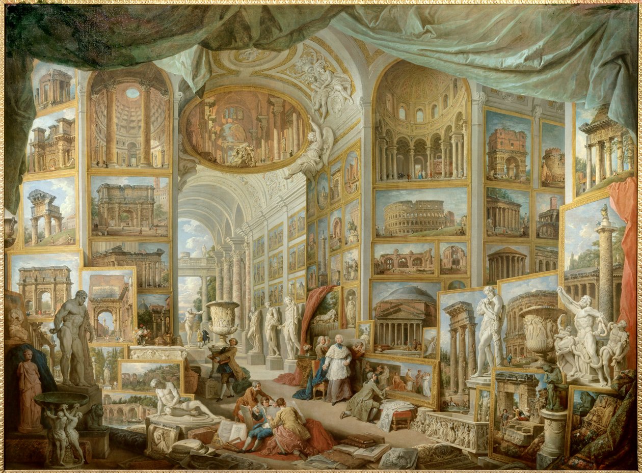 Galeria de um colecionador. Galeria de vistas da Roma Antiga. pintura de Giovanni Paolo Pannini (Panini) (1691-1765) de Giovanni Paolo Pannini