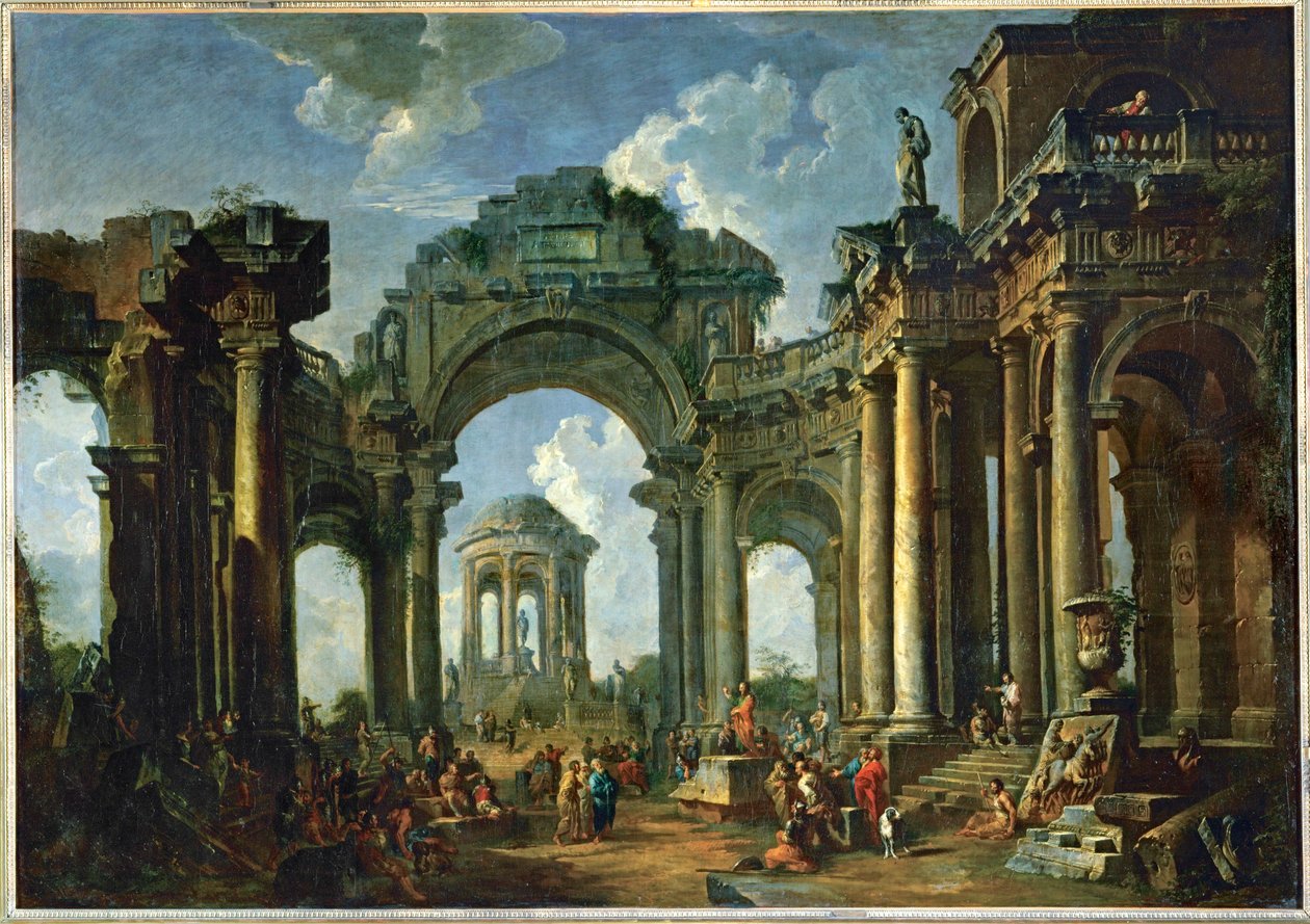A pregação de um apóstolo nas ruínas de uma antiga arquitetura dórica ... de Giovanni Paolo Pannini or Panini