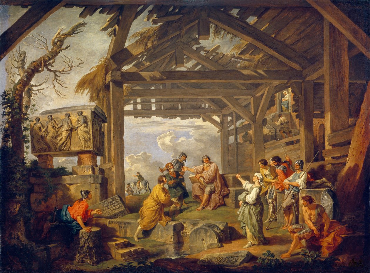 A Sibila de Cumas profetizando o nascimento de Cristo. Pintura de Giovanni Paolo Panini (Pannini) (1691-1765), óleo sobre tela de Giovanni Paolo Pannini