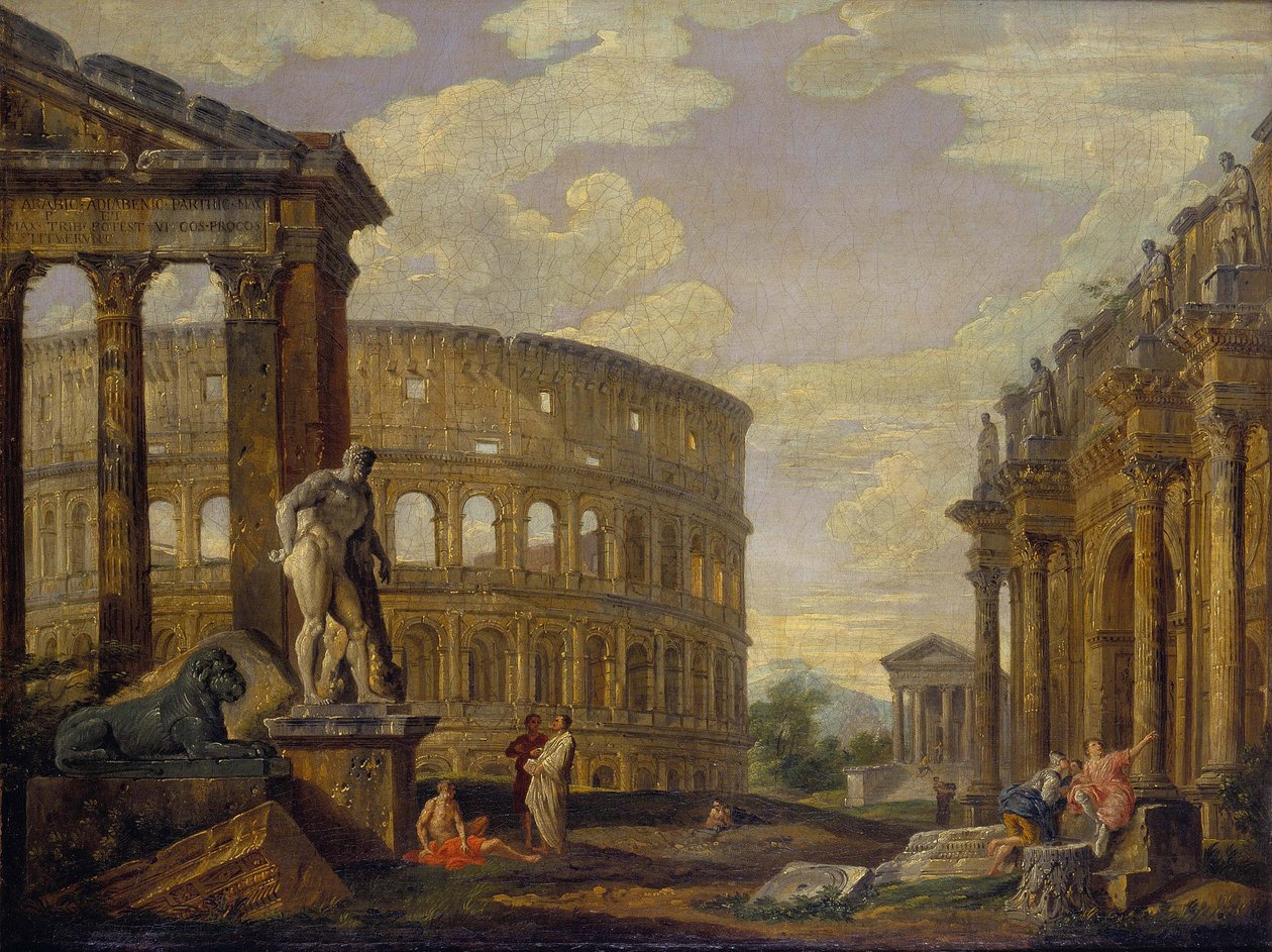 Paisagem com Hércules e ruínas da Roma antiga por Panini, Giovanni Paolo de Giovanni Paolo Pannini