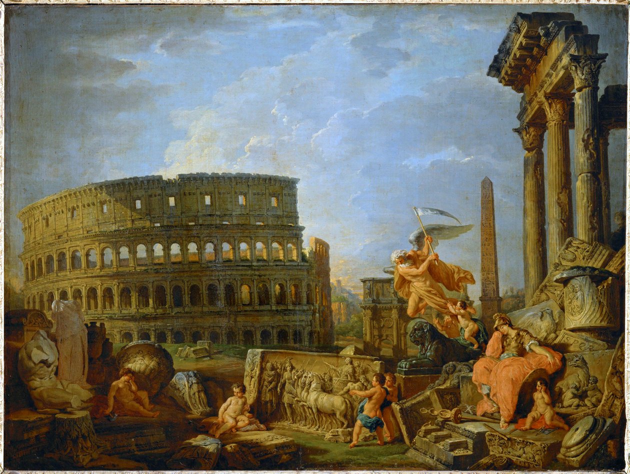O Coliseu e o Arco de Constantino com a alegoria da decadência do Império Romano ... (pintura sobre tela) de Giovanni Paolo Pannini or Panini