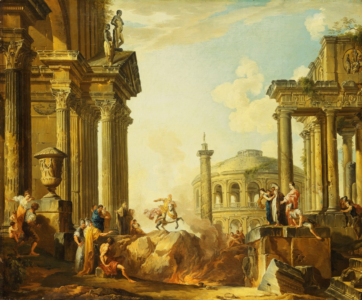 Marcus Curtius pulando no abismo, um capricho com a coluna de Trajano e outros edifícios clássicos além, de Giovanni Paolo Pannini