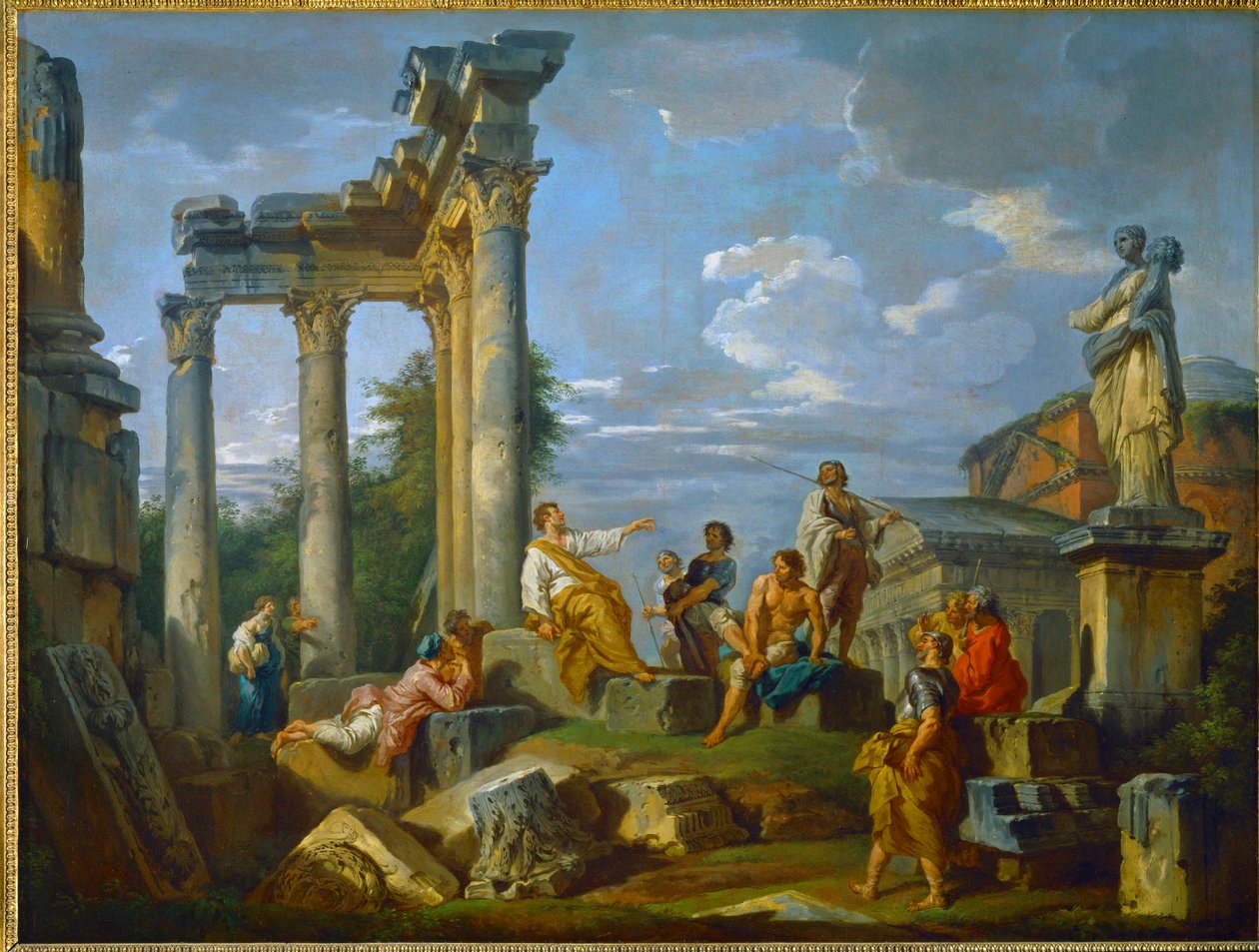 Predador no meio de ruínas em Roma enriquecidas com figuras, com o Panteão e a estátua de Flora ... (pintura sobre tela) de Giovanni Paolo Pannini or Panini