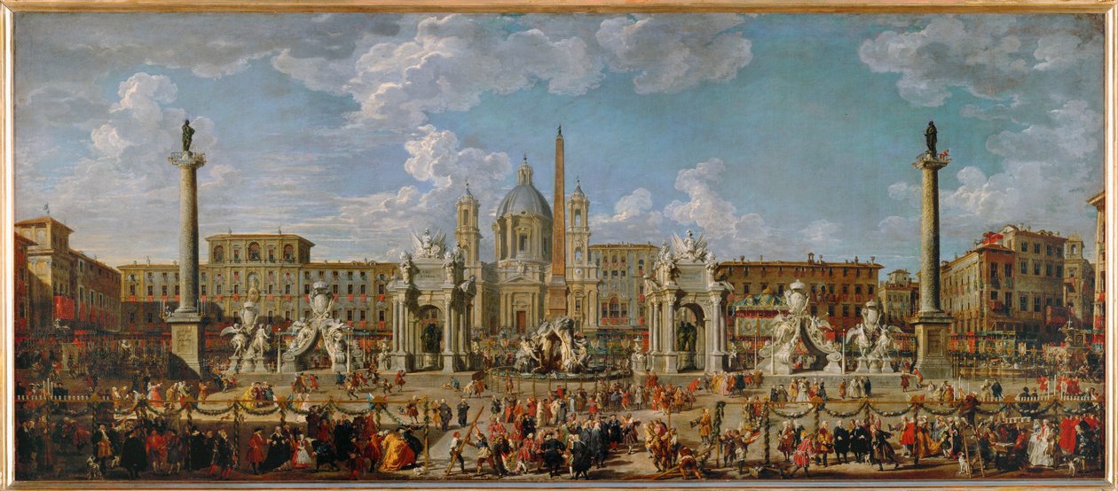 Os preparativos para o fogo de artifício e as decorações para as festividades na Piazza Navona, em Roma, a 30 de novembro ... de Giovanni Paolo Pannini or Panini
