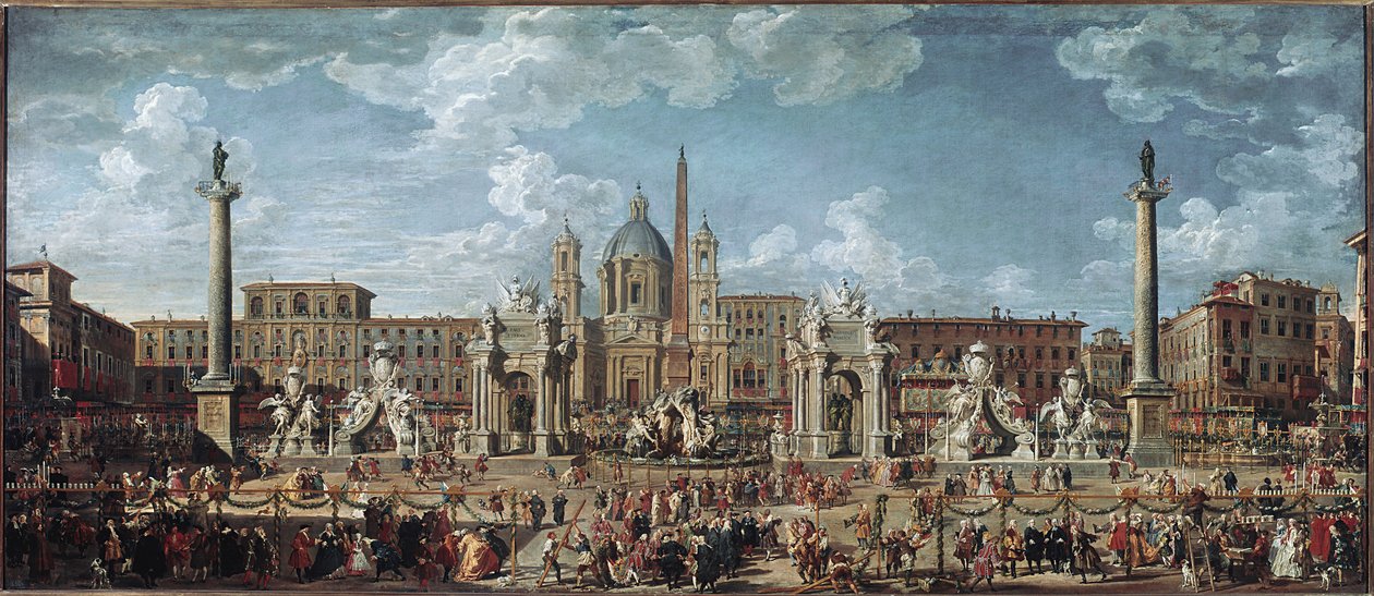 Preparativos para os fogos de artifício e decorações da festa dada em Roma em comemoração ao nascimento do golfinho Louis de France (óleo sobre tela de Giovanni Paolo Pannini