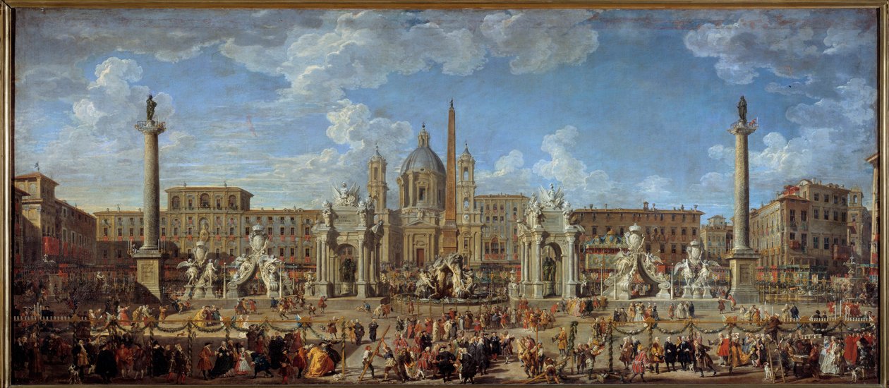 Preparativos para os fogos de artifício e decorações da festa dada em 30 de novembro de Giovanni Paolo Pannini